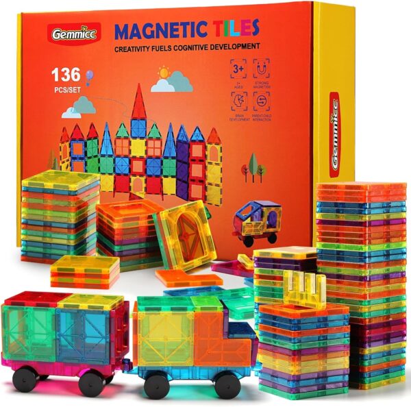 Gemmicc Magnetic Tiles, Deluxe 136 PCS Building Blocks Magnet Toys for Kids